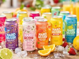 Colorful hard seltzer cans with fruits and ice.