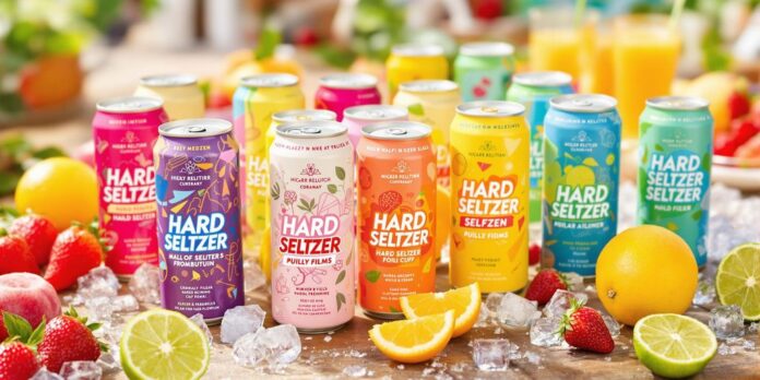 Colorful hard seltzer cans with fruits and ice.