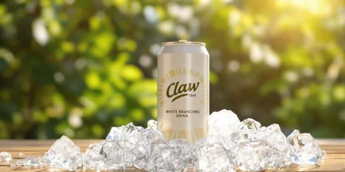 White Claw beverage can on ice in summer setting.