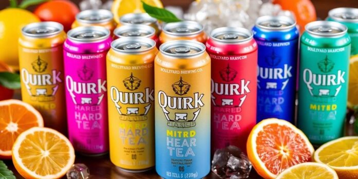 Colorful cans of Quirk Hard Tea with citrus fruits.