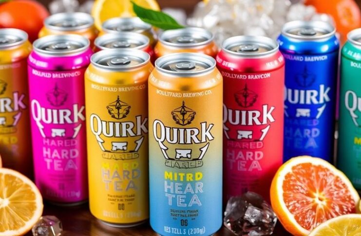 Colorful cans of Quirk Hard Tea with citrus fruits.