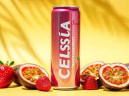 Celsius can with strawberries and passionfruit on a bright background.