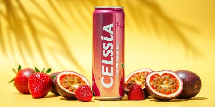 Celsius can with strawberries and passionfruit on a bright background.