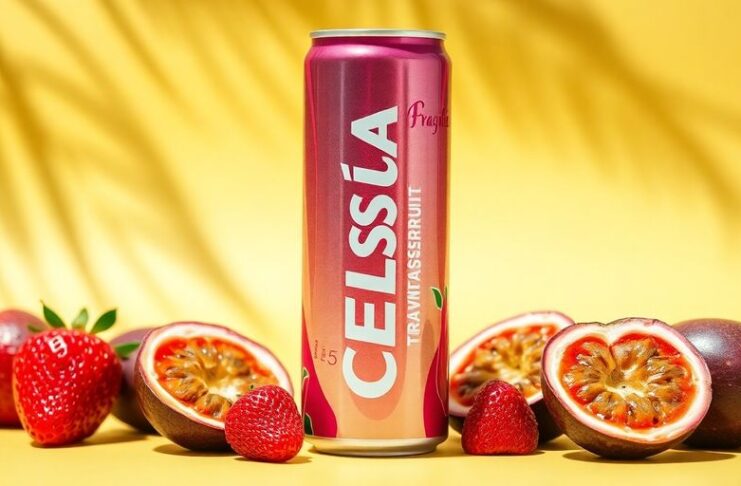 Celsius can with strawberries and passionfruit on a bright background.