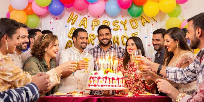 People celebrating with balloons and cake at an event.