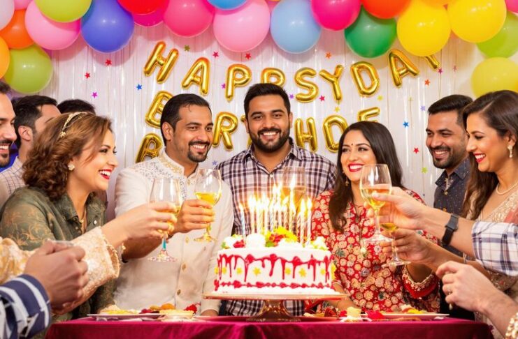 People celebrating with balloons and cake at an event.