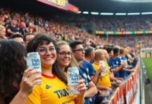 Fans celebrating with Truly Hard Seltzer at a soccer match.