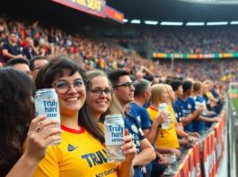 Fans celebrating with Truly Hard Seltzer at a soccer match.