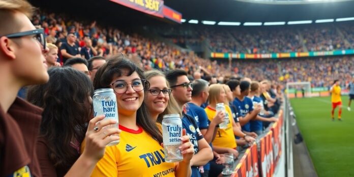 Fans celebrating with Truly Hard Seltzer at a soccer match.